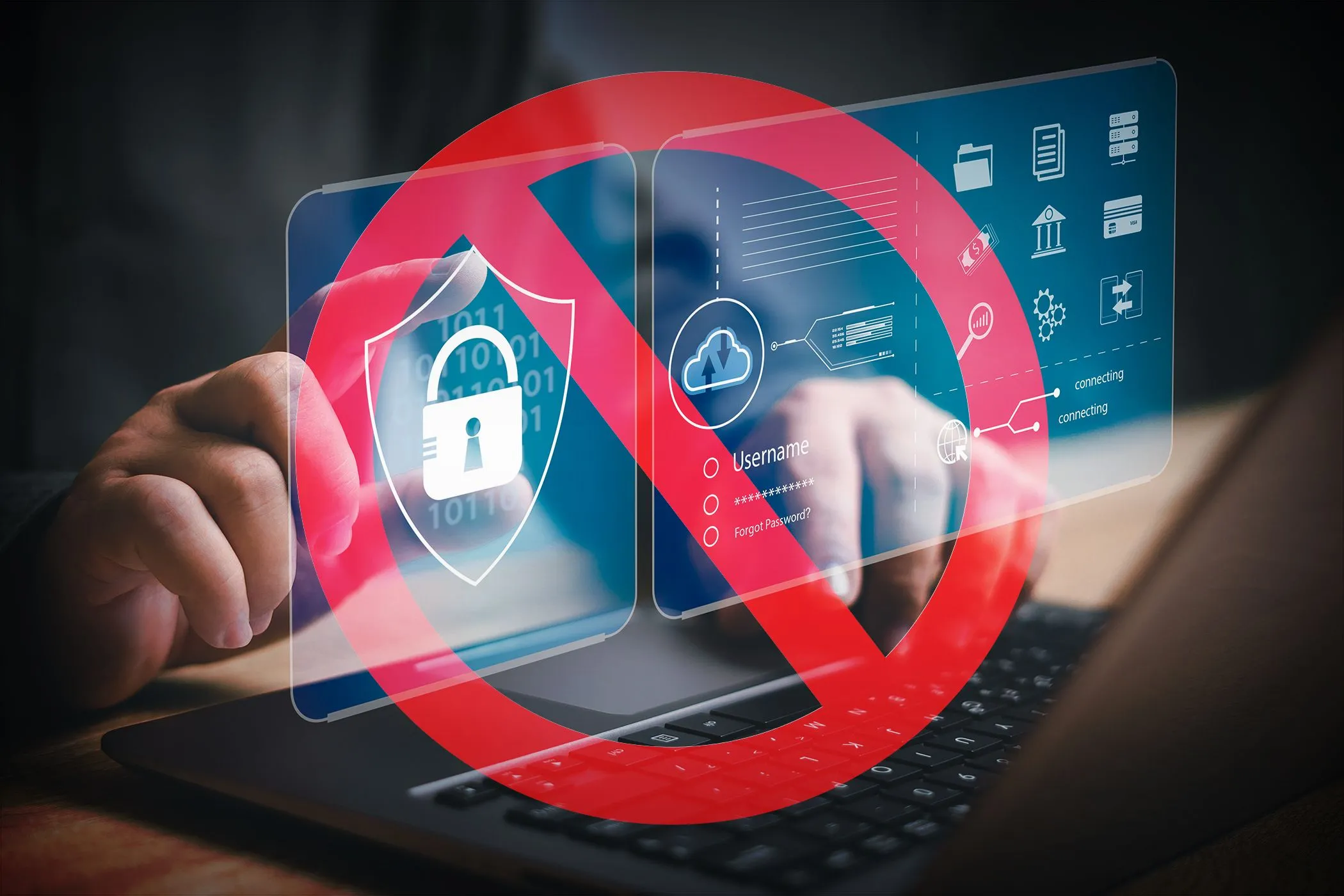 Bàn tay gõ laptop với biểu tượng bảo mật bị cấm, ám chỉ rủi ro từ các dịch vụ đám mây và lợi ích của homelab riêng tư