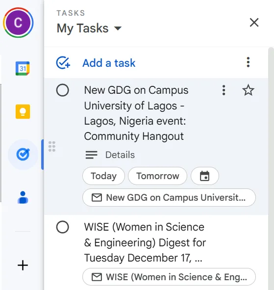 Bảng điều khiển Google Tasks hiển thị nhiệm vụ đã thêm cùng các tùy chỉnh