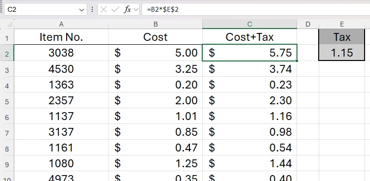Bảng Excel sau khi cập nhật giá trị thuế ở ô E2, các công thức tham chiếu ô tự động thay đổi kết quả
