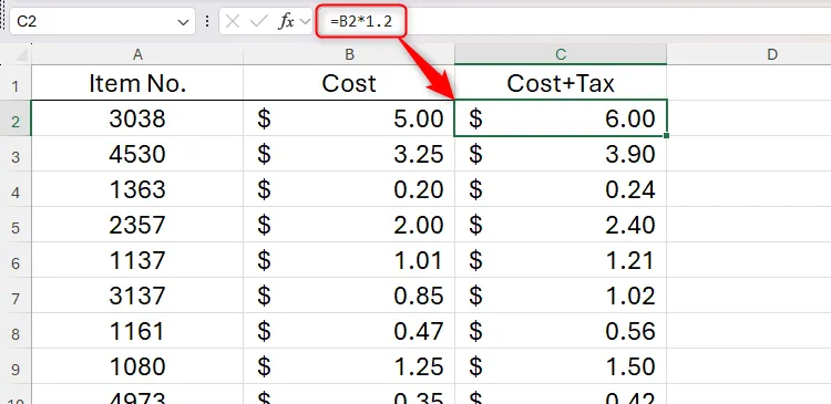 Bảng tính Excel minh họa công thức hard-code giá trị thuế 20% (1.2) cho các mặt hàng