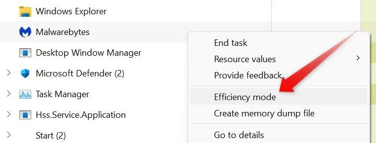 Bật chế độ Hiệu quả (Efficiency Mode) cho một tiến trình trong Task Manager Windows để tối ưu tài nguyên.