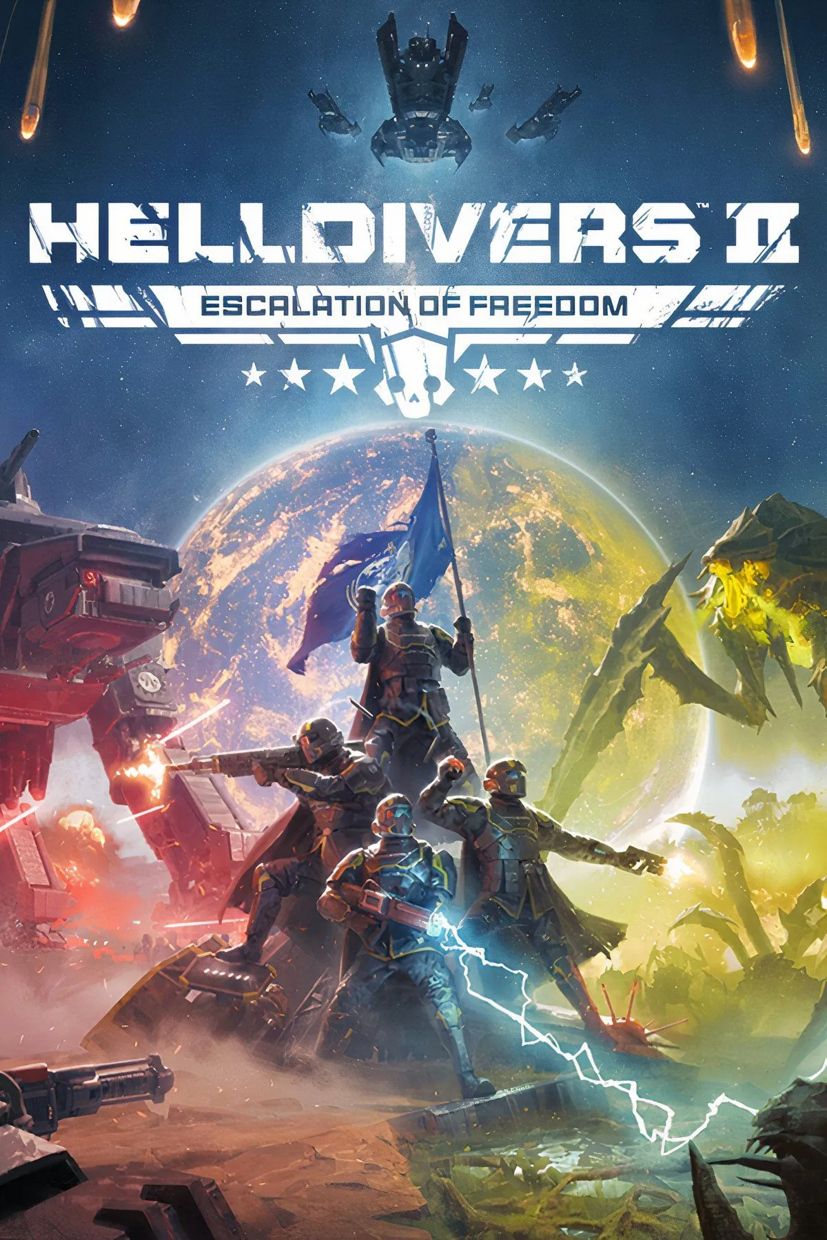 Biệt đội Helldivers chiến đấu chống lại quái vật ngoài hành tinh trong Helldivers II, thể hiện lối chơi co-op hành động