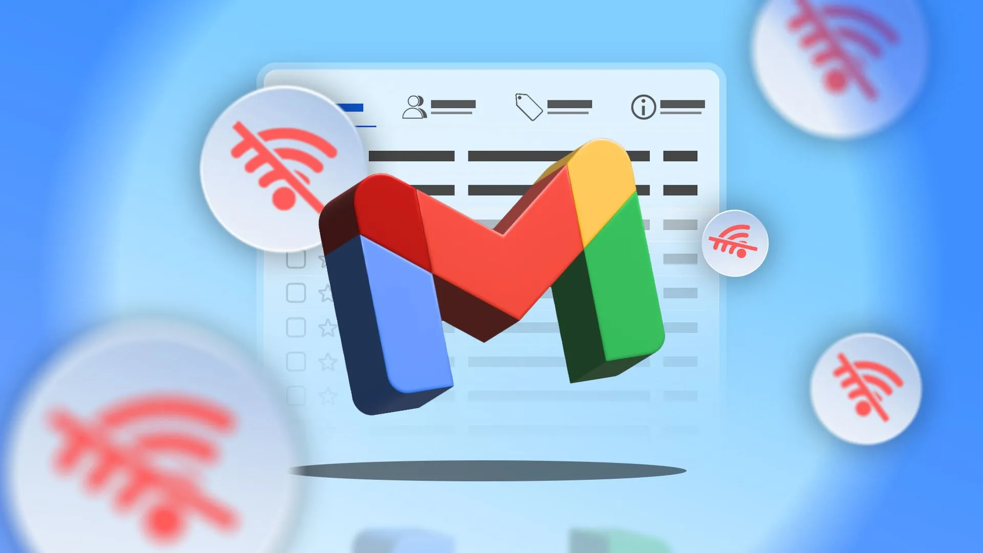 Biểu tượng Gmail với nhiều dấu hiệu mất Wi-Fi xung quanh, minh họa việc sử dụng Gmail ngoại tuyến.