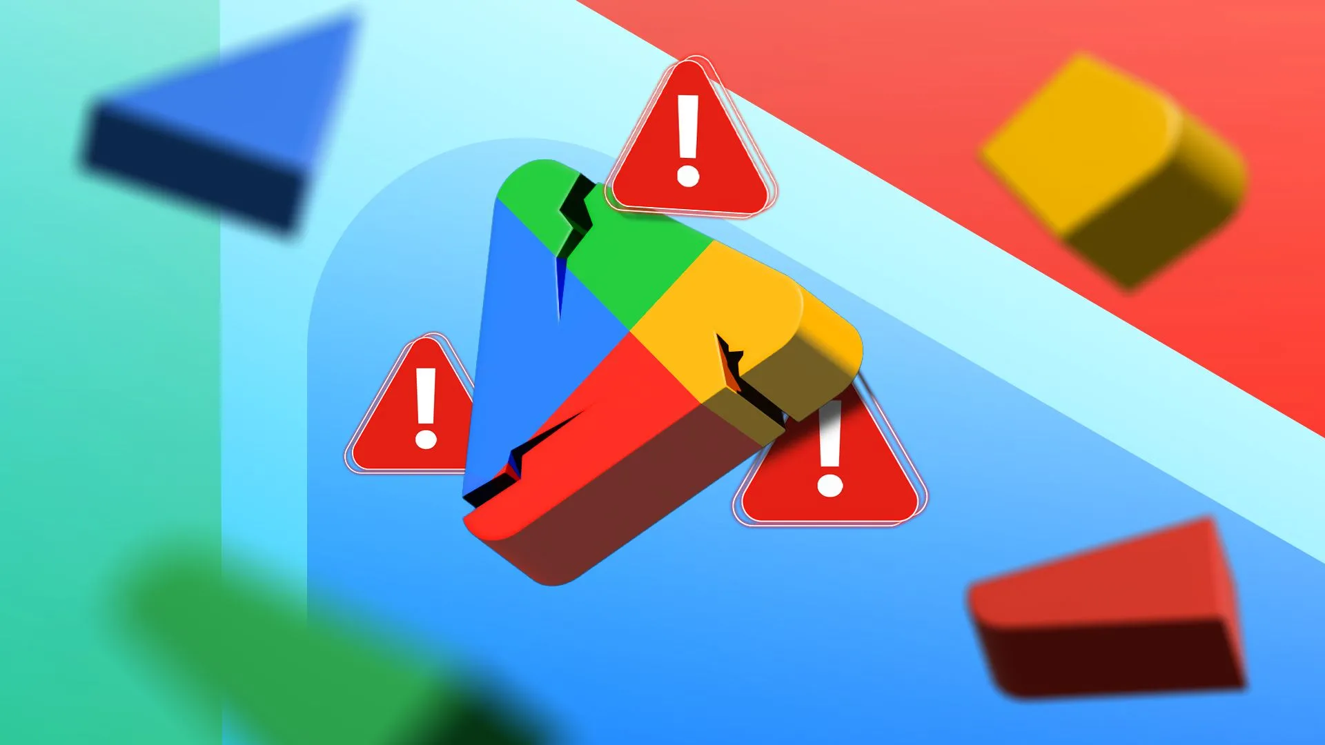 Biểu tượng Google Play Store bị nứt vỡ với các dấu hiệu cảnh báo, thể hiện những thách thức trong việc khám phá ứng dụng và trải nghiệm người dùng