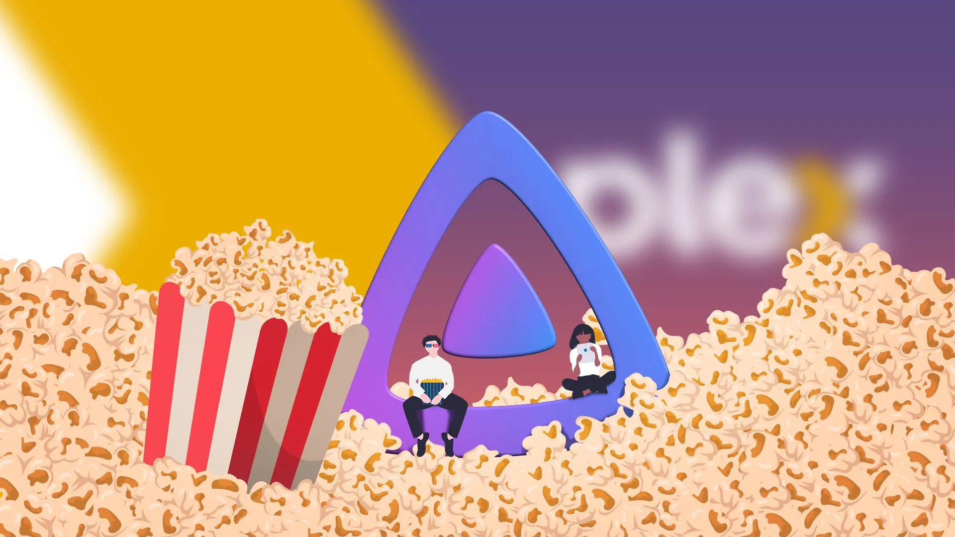 Biểu tượng Jellyfin trên nền popcorn đổ, tượng trưng cho việc sử dụng Mac mini làm máy chủ media để phát nội dung giải trí tại gia thay thế Plex.