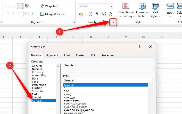 Biểu tượng mở hộp thoại Format Cells và tùy chọn Custom number format được chọn trong Excel.