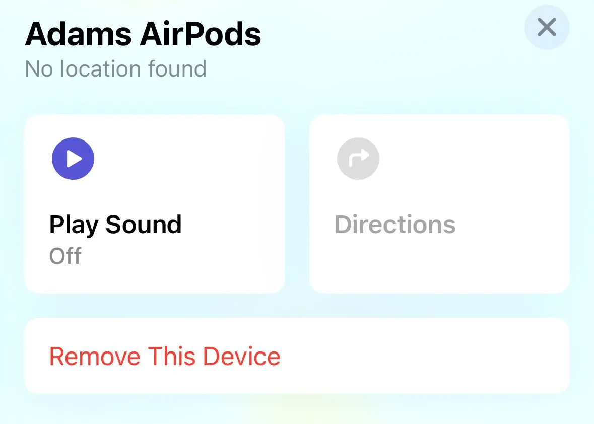 Biểu tượng &quot;Phát Âm Thanh&quot; cho AirPods hiển thị trong ứng dụng Tìm (Find My) trên iPhone, hỗ trợ tìm tai nghe bị thất lạc.