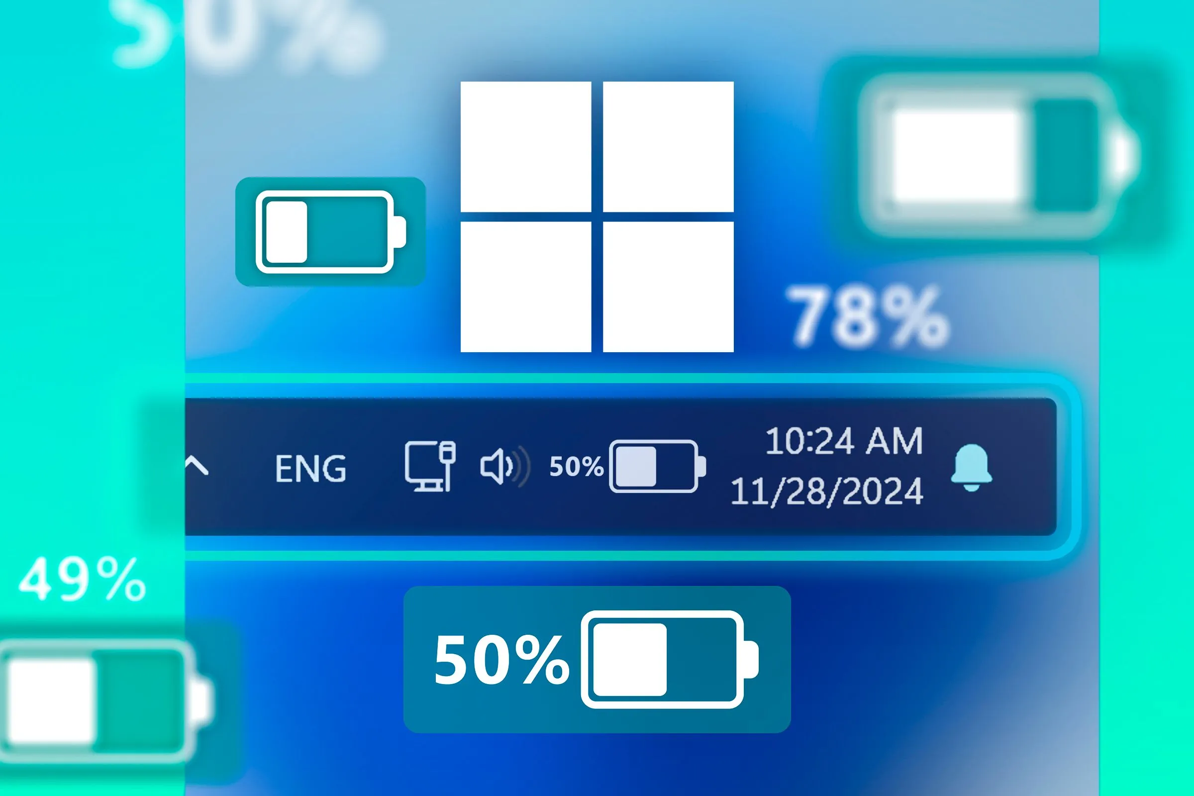 Biểu tượng pin trên thanh tác vụ Windows với các biểu tượng pin khác xung quanh