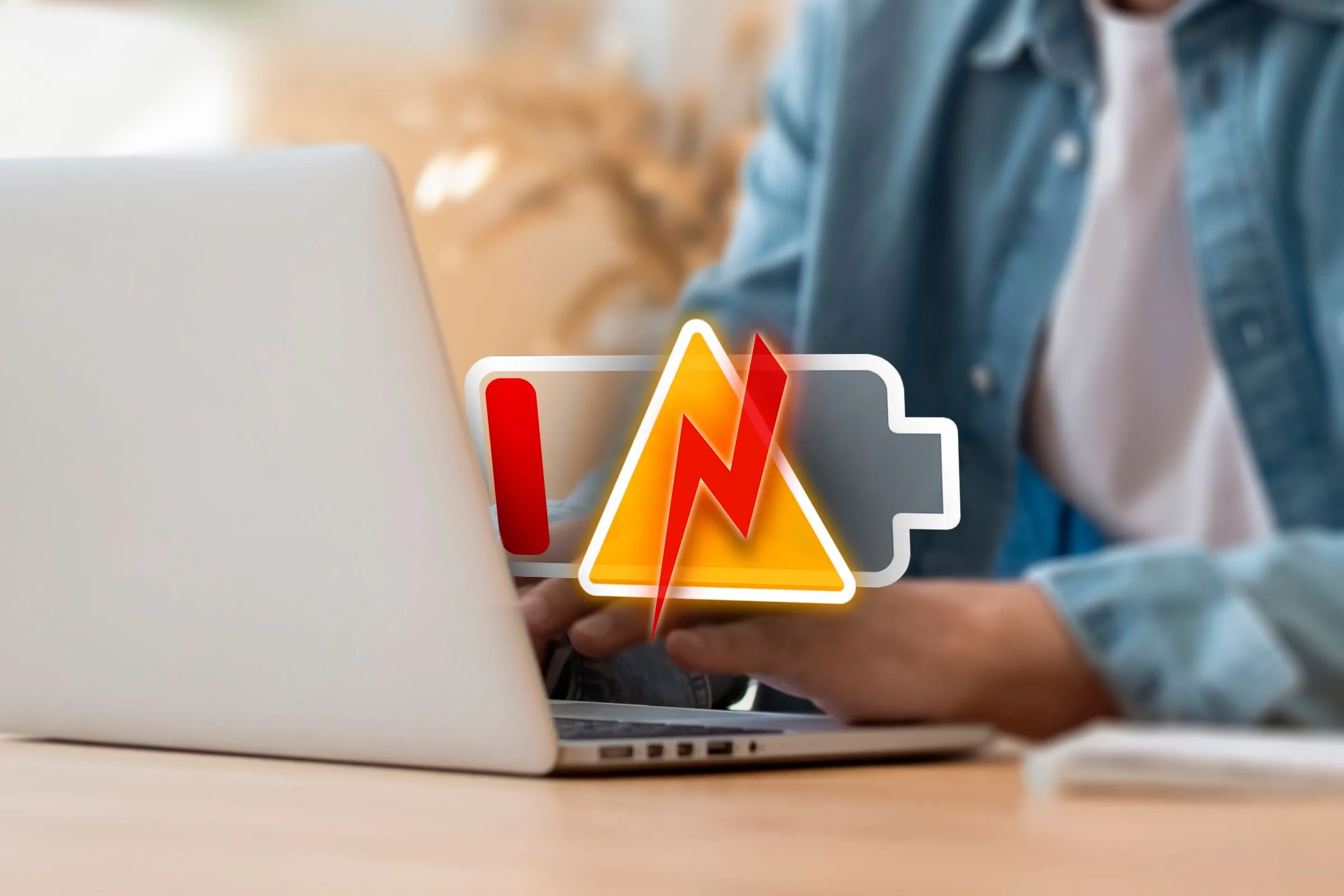 Biểu tượng pin yếu và cảnh báo trên màn hình laptop đang được người dùng sử dụng