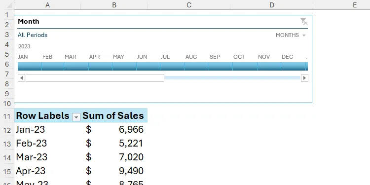 Bộ lọc Timeline trong Excel được đặt gọn gàng phía trên một PivotTable để dễ dàng tương tác