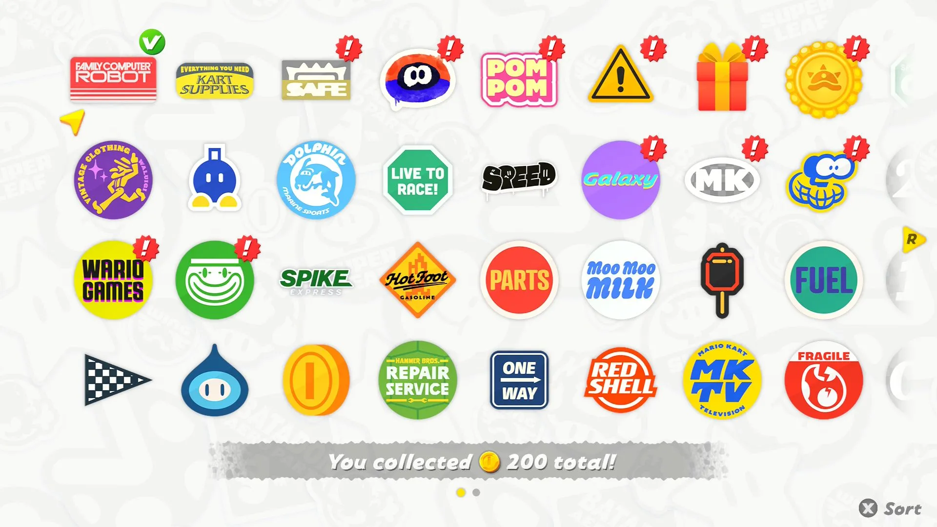 Bộ sưu tập nhãn dán (sticker) nhận được từ các thử thách trong chế độ Free Roam của Mario Kart World