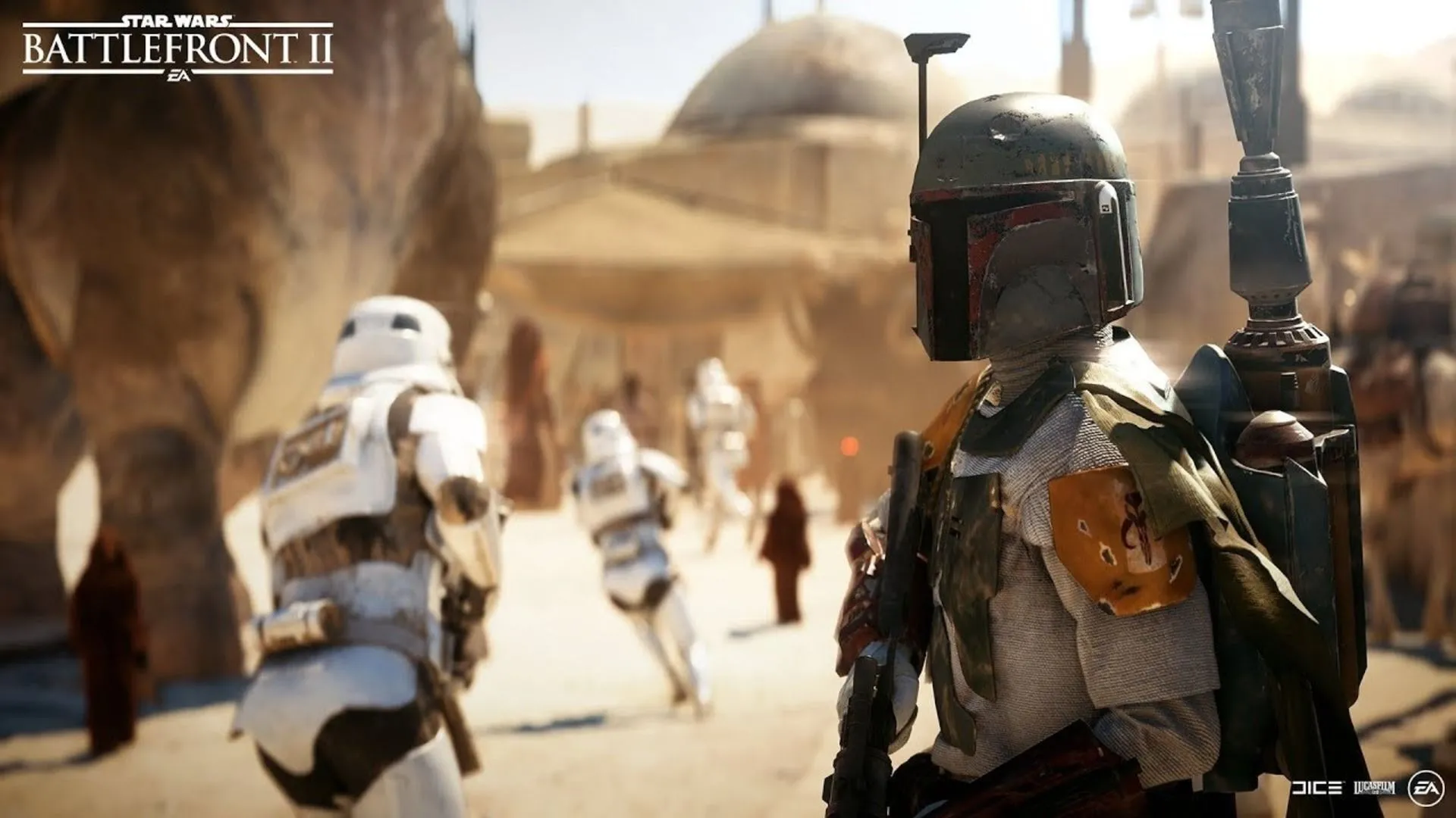 Boba Fett bay lượn trên chiến trường Star Wars Battlefront II, đại diện cho những nhân vật huyền thoại mà người chơi có thể điều khiển.