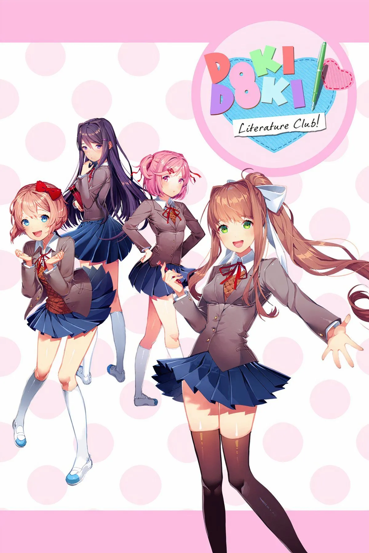 Bốn cô gái trong Doki Doki Literature Club, minh họa phong cách visual novel ban đầu của game