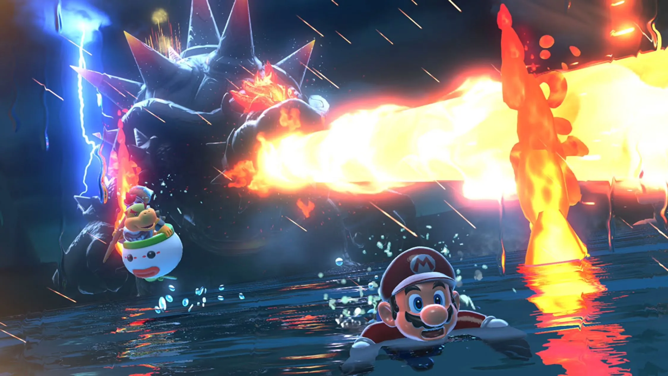 Bowser phun lửa vào Mario và Bowser Jr. trong một tựa game Super Mario 3D