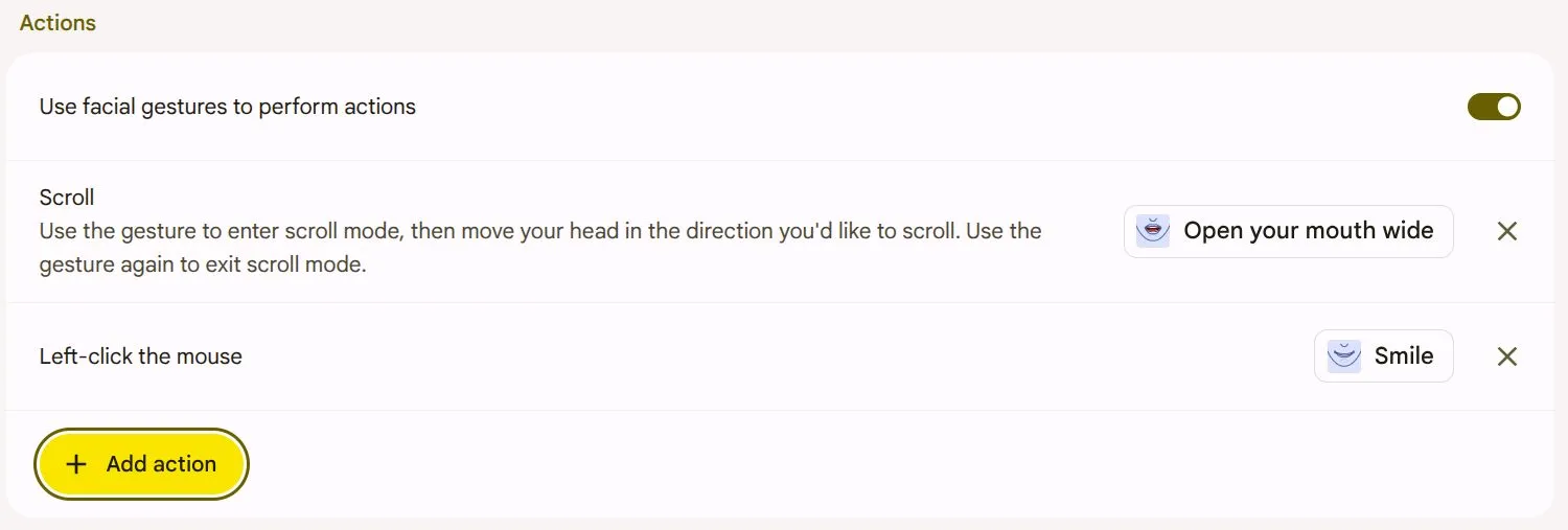 Các cài đặt Hành động (Actions) trong Face Control trên Chromebook, cho phép tùy chỉnh cử chỉ khuôn mặt để thực hiện các lệnh khác nhau.