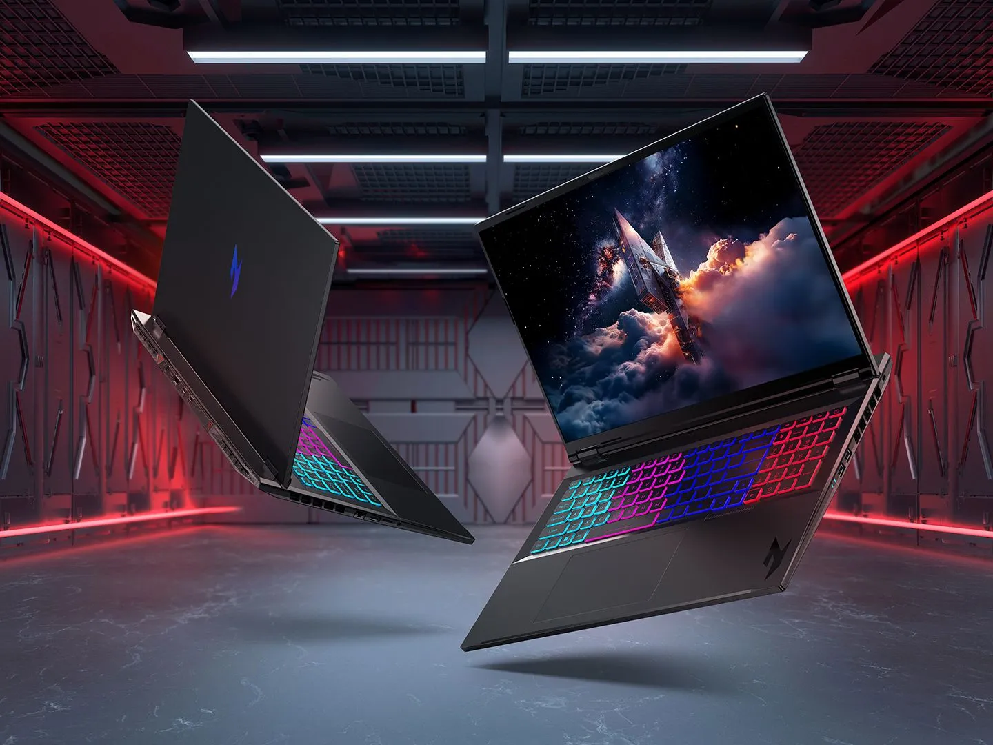 Các góc nhìn khác nhau của laptop Acer Nitro 18 AI AN18-61 với đèn nền RGB bàn phím và màn hình lớn