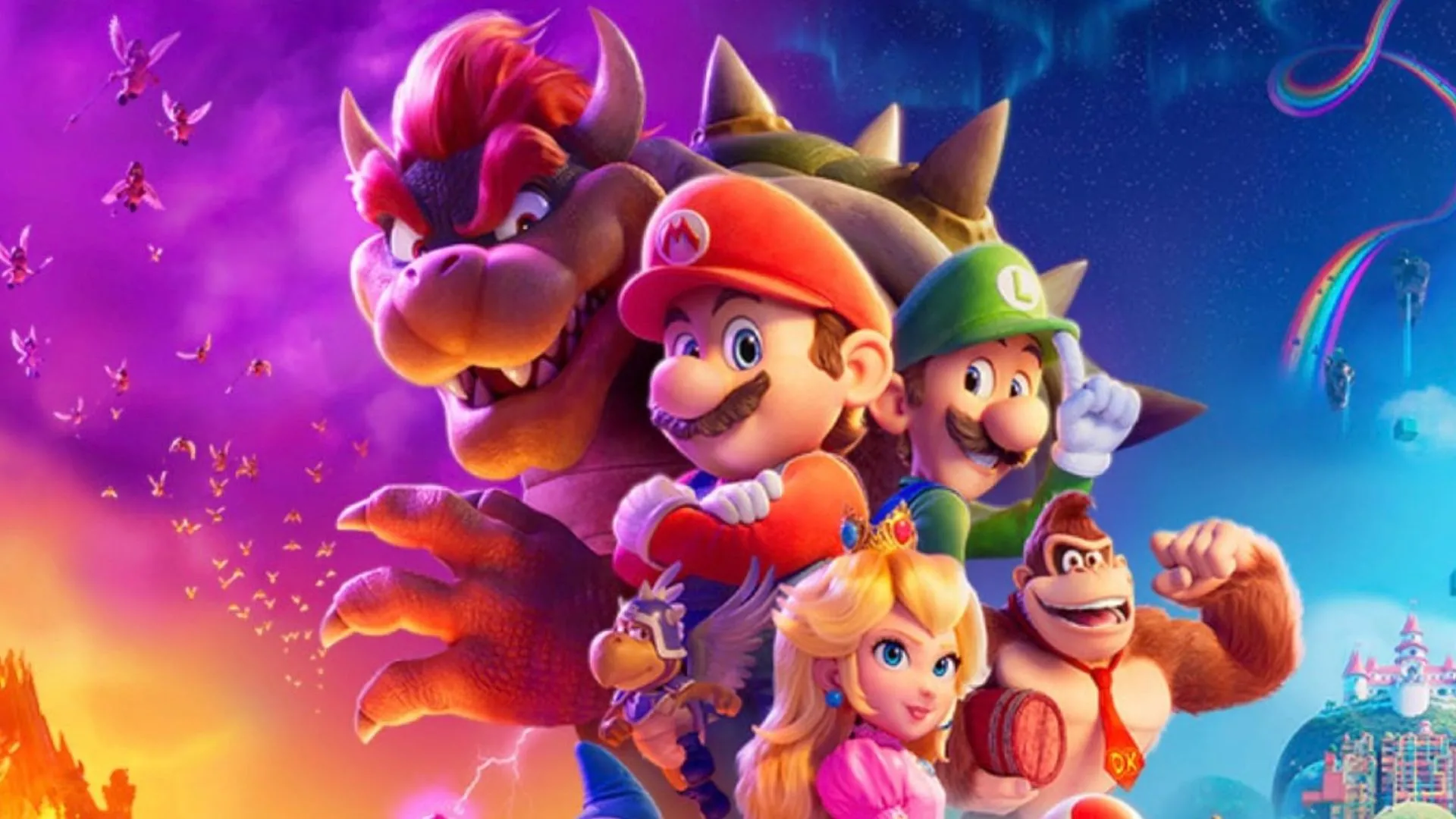 Các nhân vật chính từ phim Super Mario Bros. bao gồm Mario, Luigi, Toad và Công chúa Peach