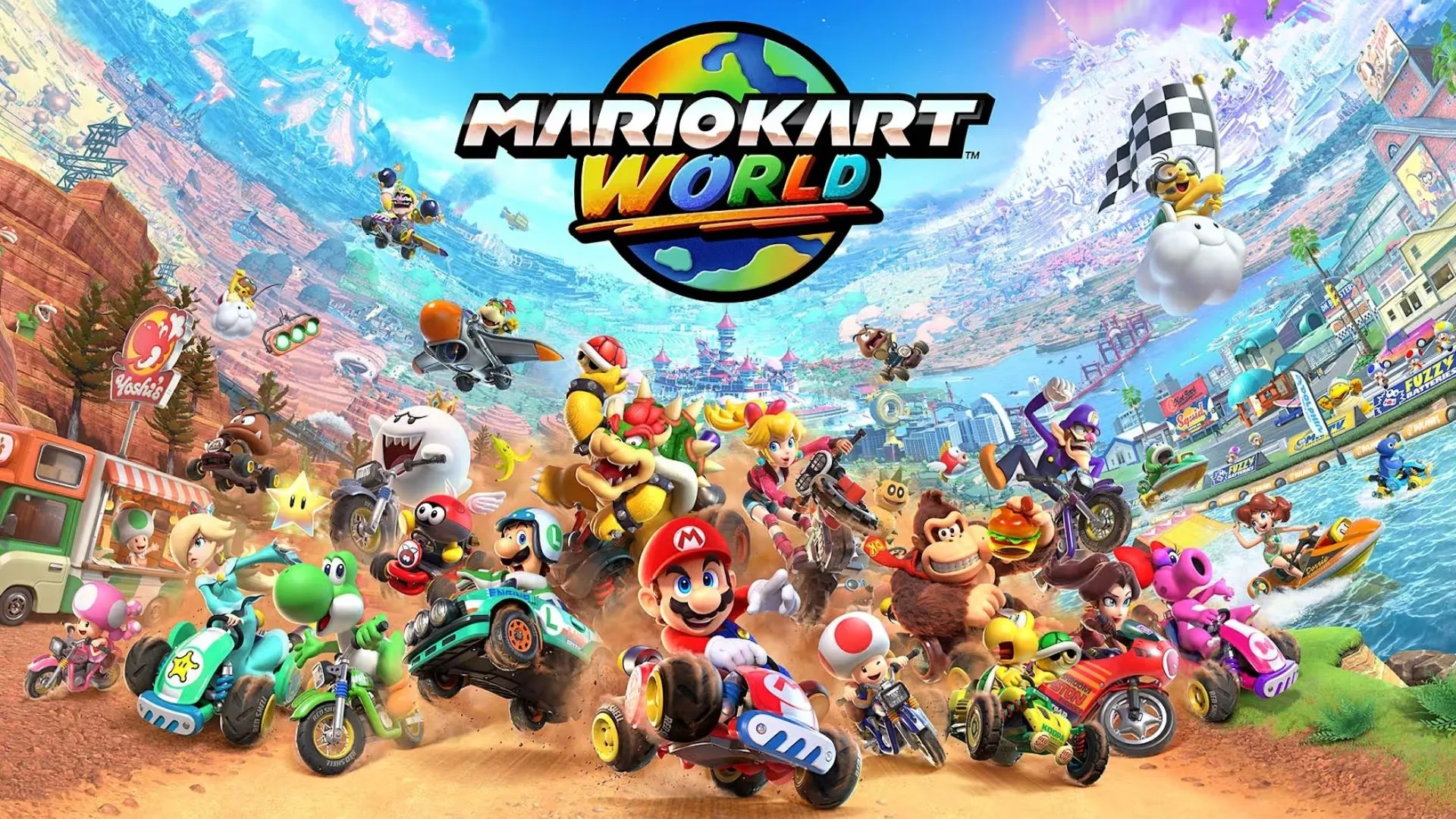 Các nhân vật Mario đang trượt ván trên đường đua tuyết trong Mario Kart World.