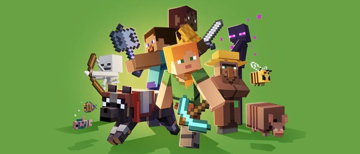 Các nhân vật Minecraft trên nền xanh lá cây.