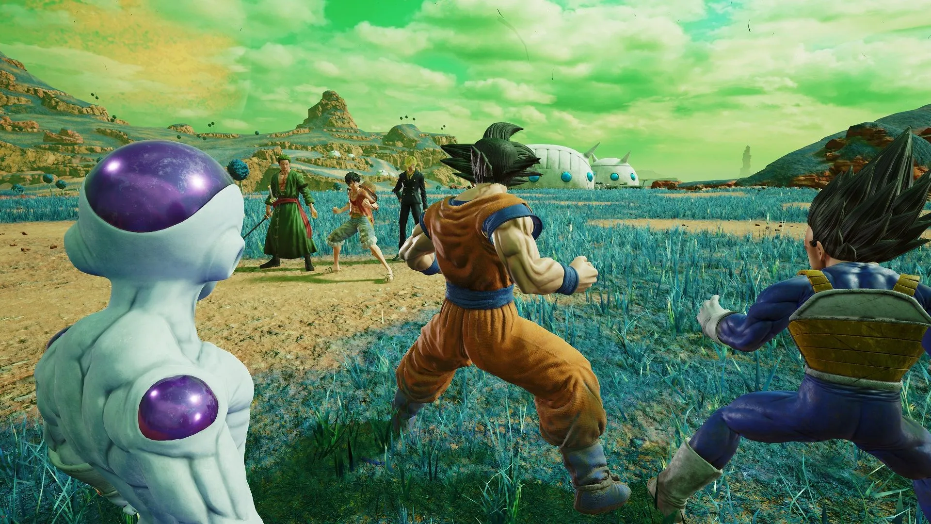 Các nhân vật trong game Jump Force với đồ họa thực tế, cho thấy sự thiếu hài hòa so với nguyên bản anime