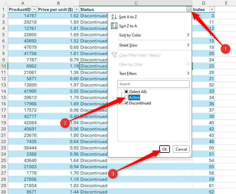 Các ô chứa từ &quot;Active&quot; bị bỏ chọn trong tùy chọn lọc của một cột Excel đã sắp xếp, chỉ hiển thị các mục &quot;Discontinued&quot;