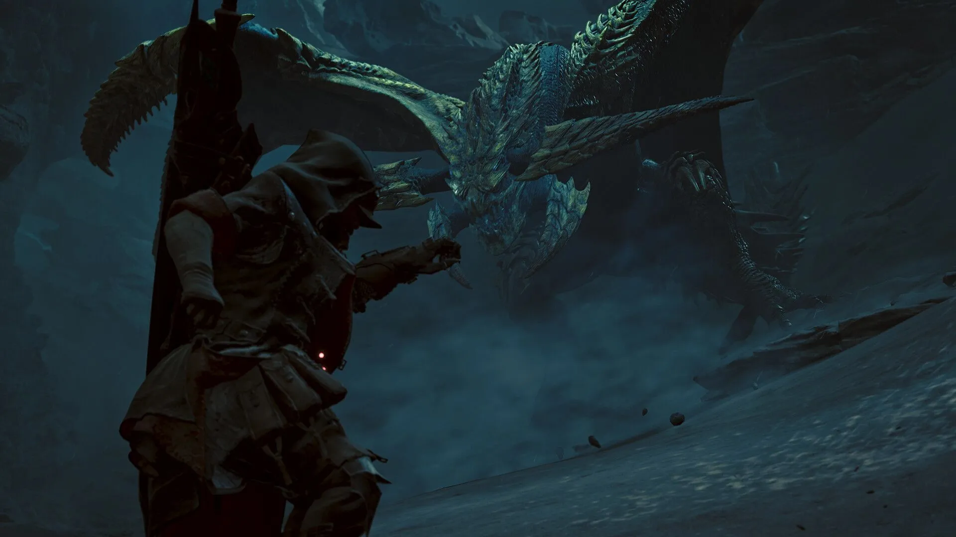 Các pha hành động mãn nhãn của thợ săn trong môi trường chiến đấu khắc nghiệt của Monster Hunter Wilds.
