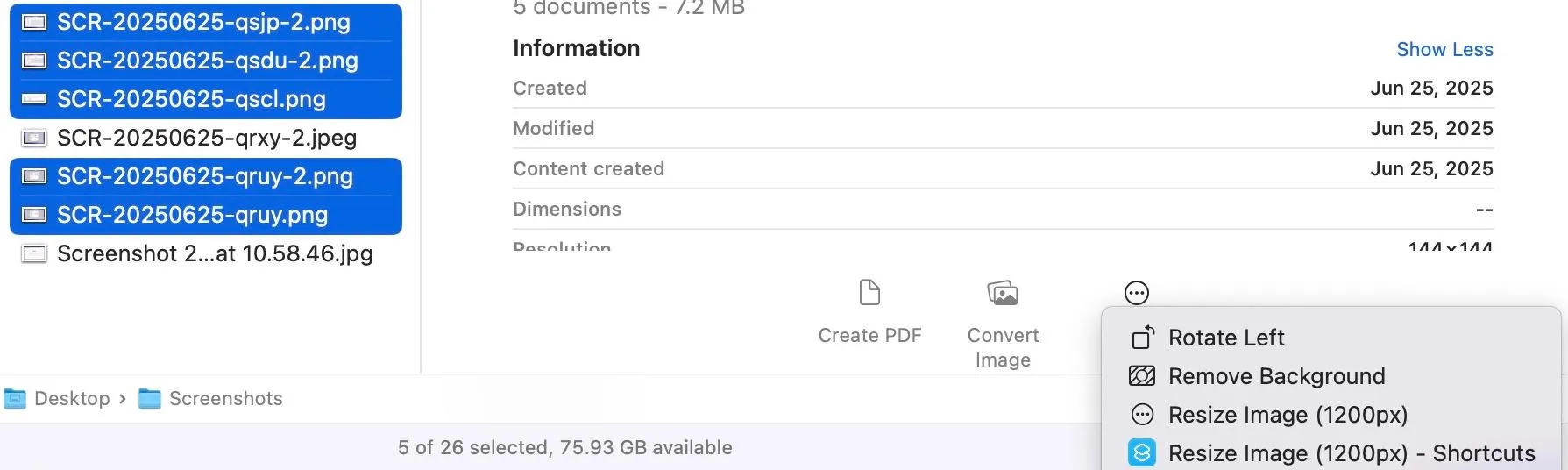 Các Quick Actions hiển thị trực tiếp trong ngăn xem trước (Preview pane) của Finder trên macOS, giúp truy cập nhanh các chức năng.