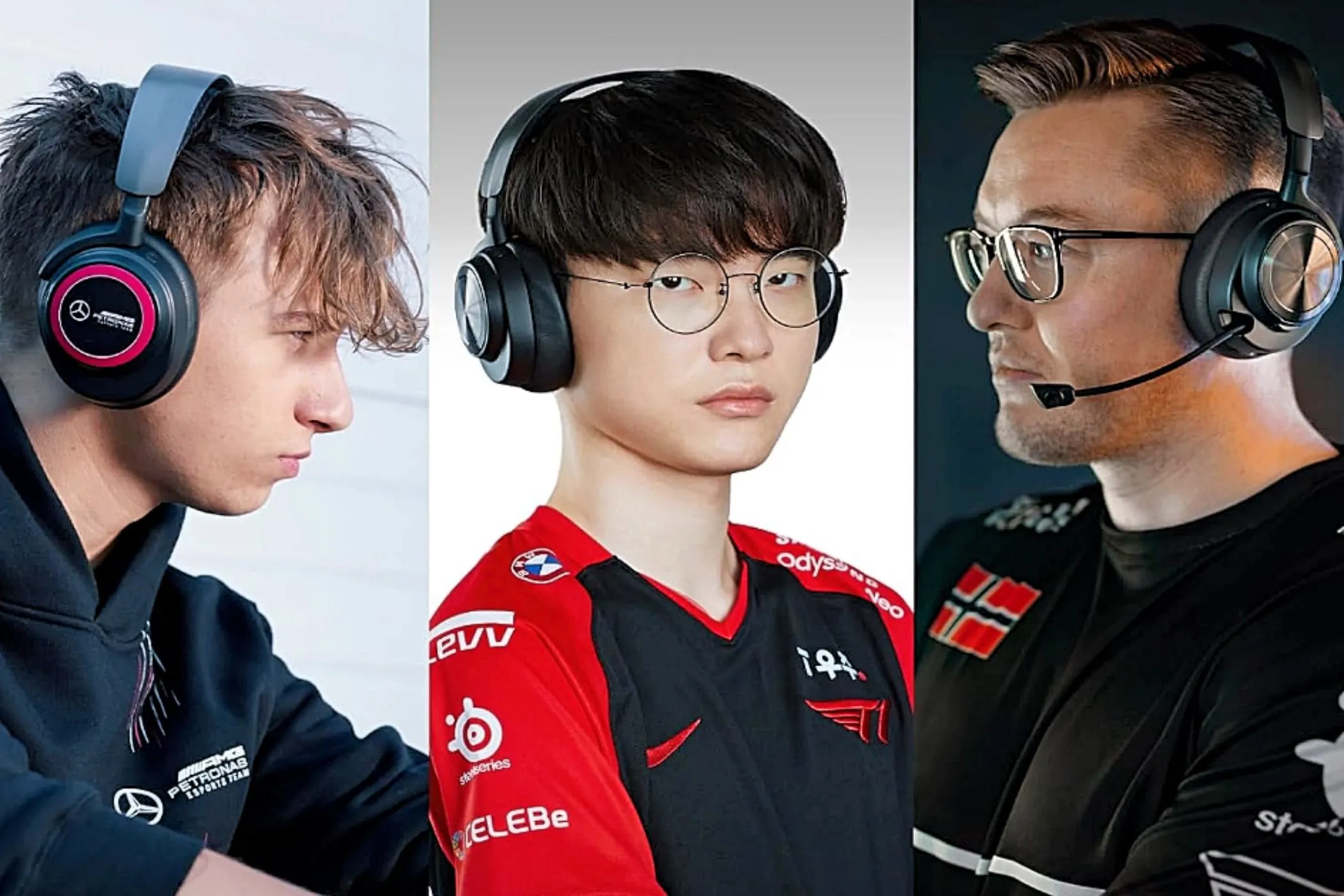 Các thành viên đội tuyển thể thao điện tử chuyên nghiệp đeo tai nghe SteelSeries Arctis Nova Pro, thể hiện sự chuyên nghiệp và trang bị cao cấp trong các giải đấu eSports.