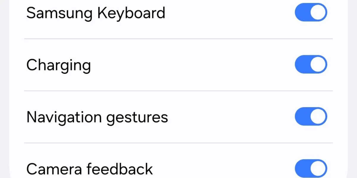 Các tùy chọn bật tắt rung cho từng danh mục như tương tác chạm, bàn phím số trên Galaxy S25
