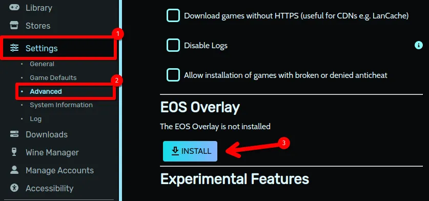 Các tùy chọn Cài đặt, Nâng cao và nút &quot;Install&quot; của EOS Overlay được đánh dấu trong Heroic Games Launcher.