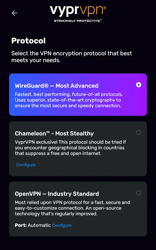 Các tùy chọn giao thức VPN trong VyprVPN bao gồm WireGuard, OpenVPN và Chameleon