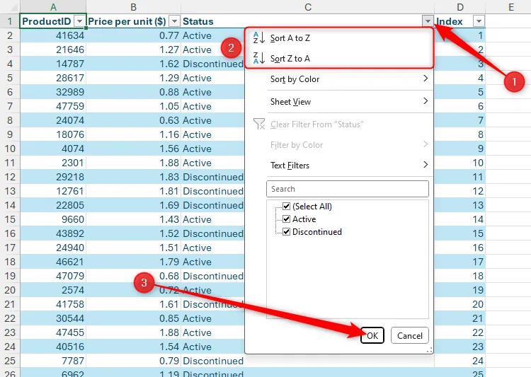 Các tùy chọn sắp xếp &quot;Sort A To Z&quot; và &quot;Sort Z To A&quot; trong menu lọc cột Status của Excel