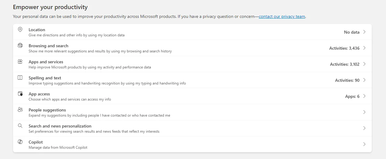 Các tùy chọn xem, tải xuống và xóa dữ liệu hoạt động cá nhân trong Microsoft Privacy Dashboard.