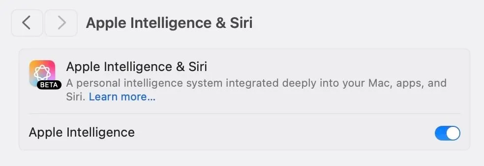Cài đặt Apple Intelligence trong ứng dụng Cài đặt Hệ thống của macOS được bật