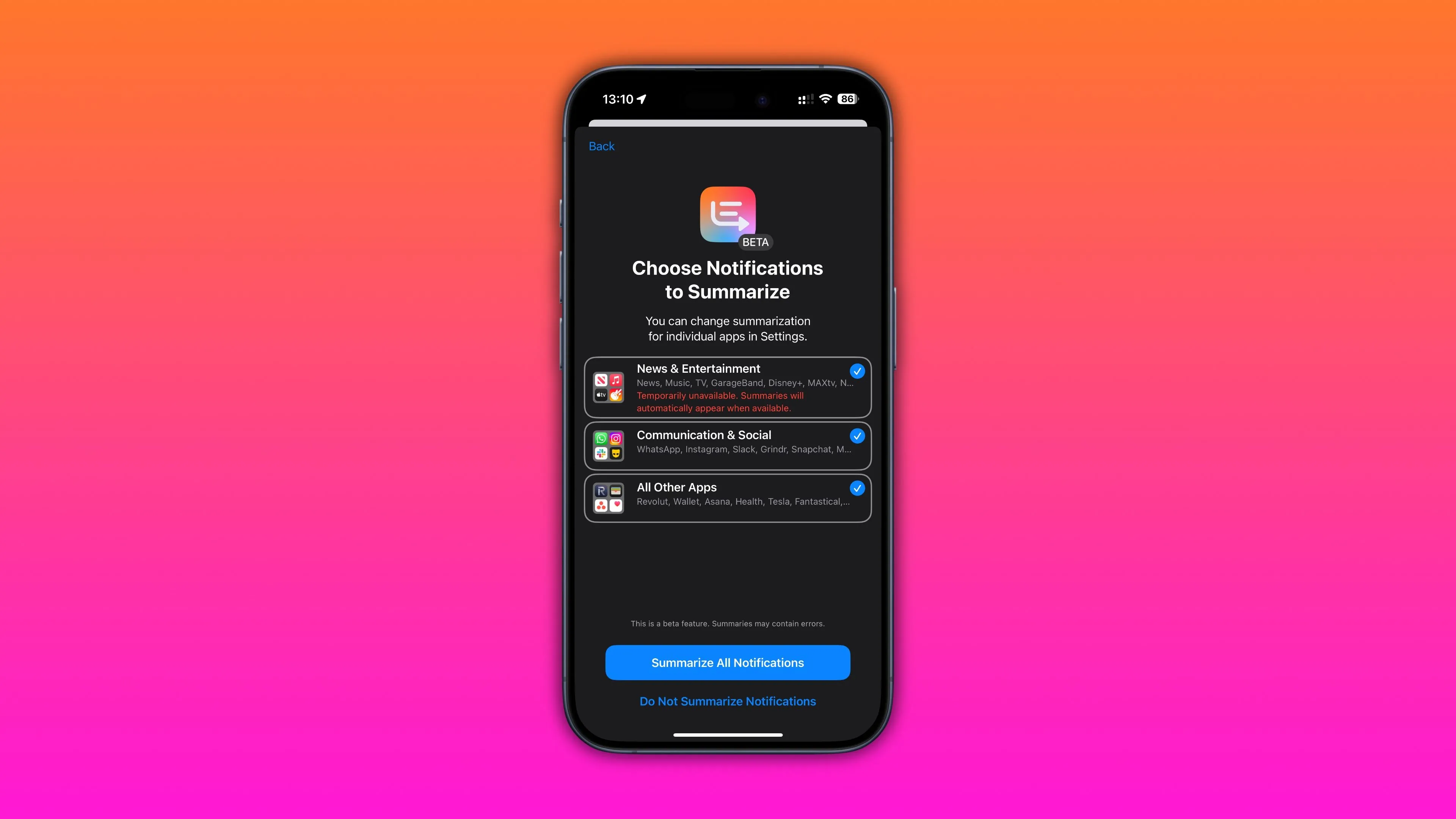 Cài đặt chọn ứng dụng để tóm tắt thông báo trong iOS 18.3 trên iPhone