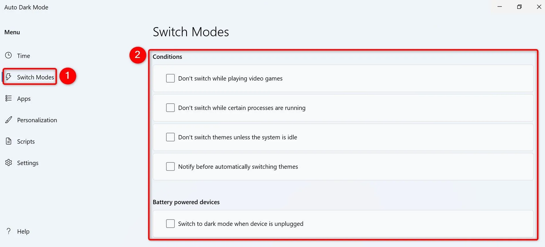 Cài đặt điều kiện chuyển đổi chế độ trong Auto Dark Mode