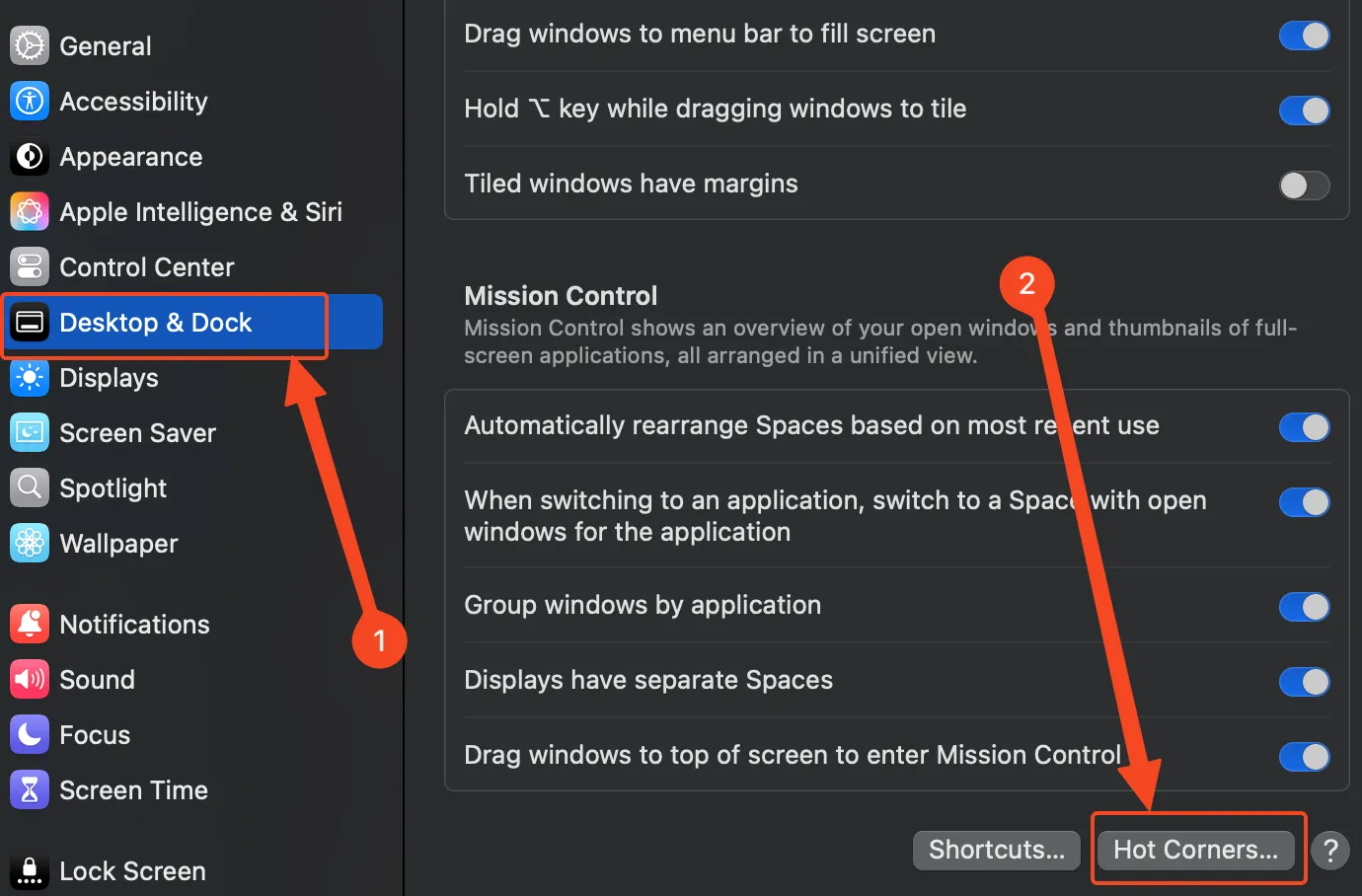 Cài đặt Màn hình nền &amp; Dock trên macOS, hiển thị nút &quot;Góc Nóng&quot; để tùy chỉnh kích hoạt Mission Control.