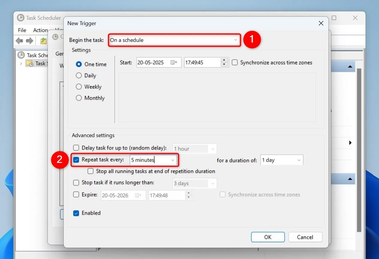 Cài đặt tần suất lặp lại cho tác vụ cảnh báo pin trong Task Scheduler Windows 11