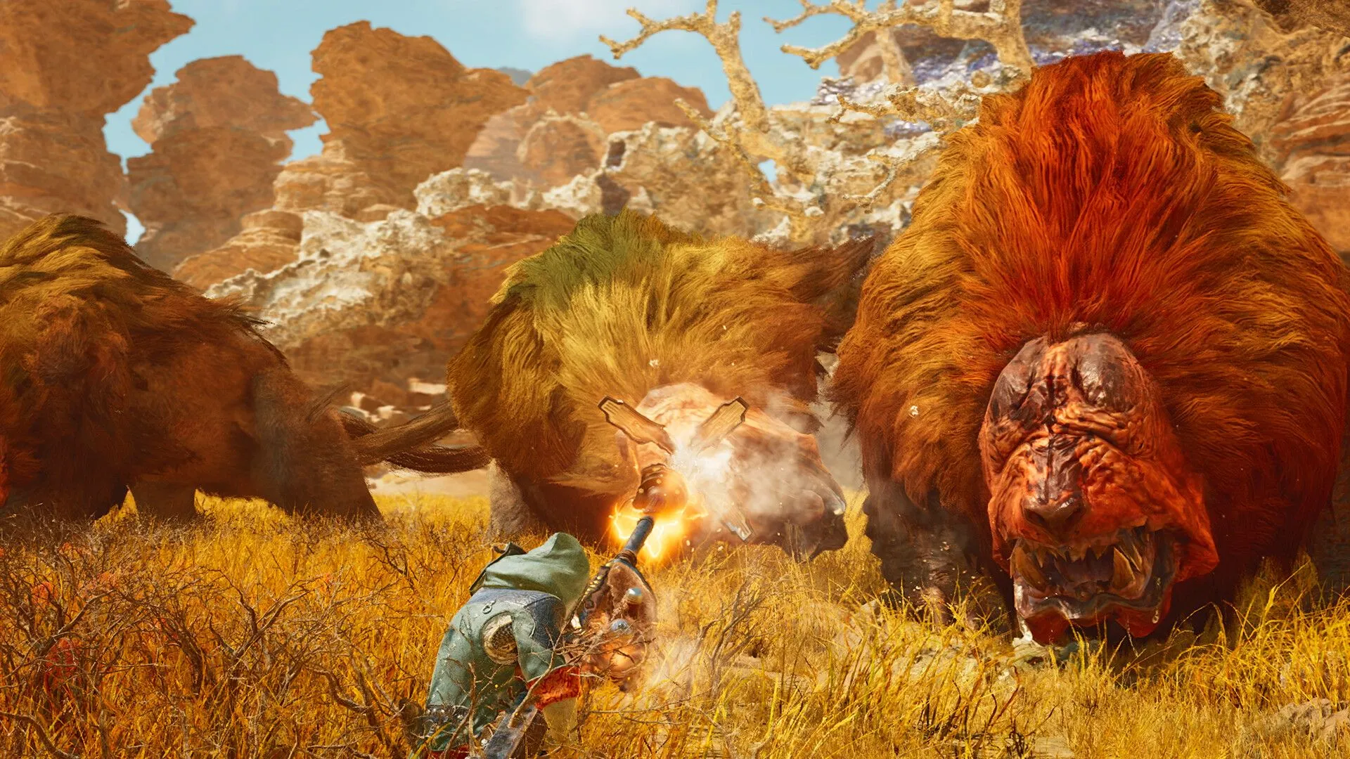 Cảnh chiến đấu ấn tượng giữa thợ săn và quái vật trong Monster Hunter Wilds.