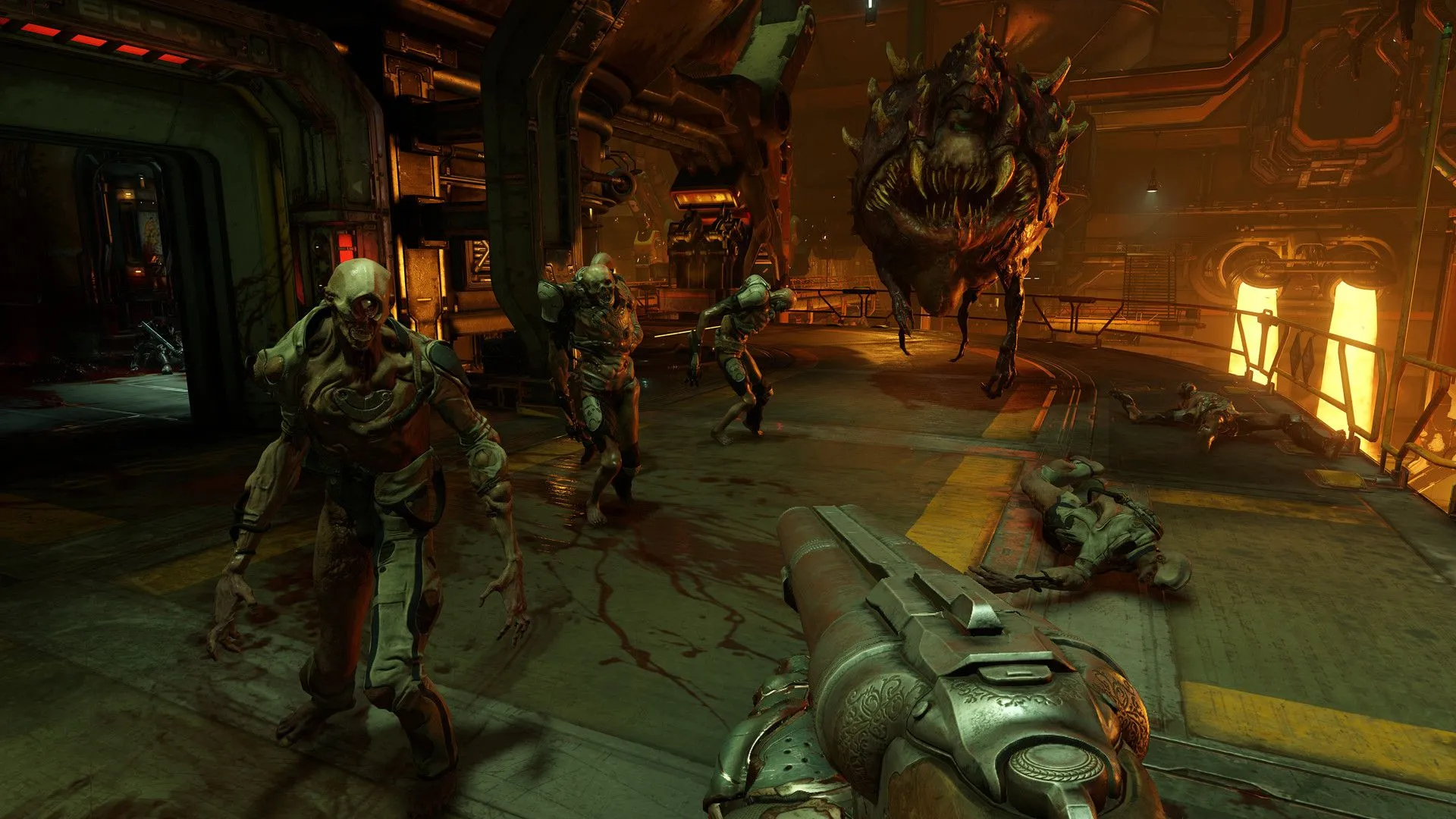 Cảnh chơi game Doom 2016 với người chơi và các quái vật, thể hiện uy lực của shotgun qua logic trò chơi.