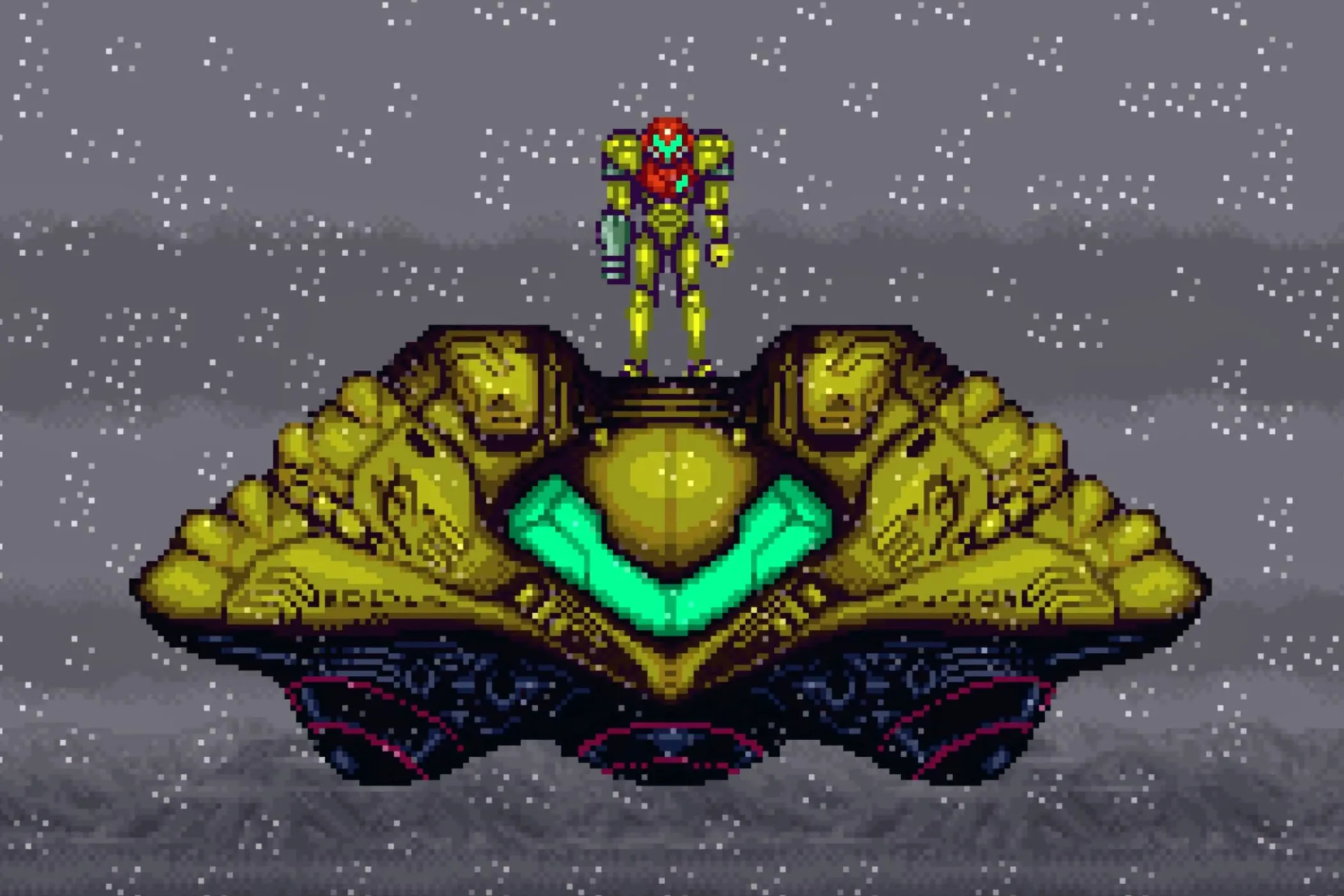 Cảnh chơi game Super Metroid trên hệ máy SNES với nhân vật Samus Aran