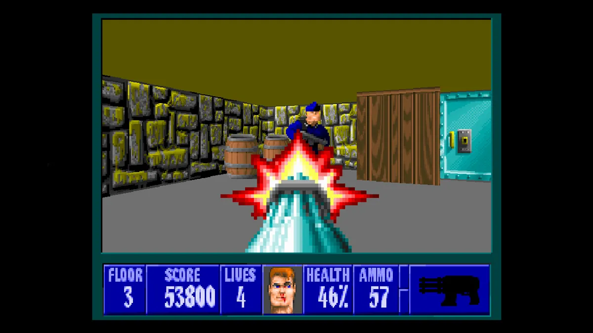 Cảnh chơi game Wolfenstein 3D, tựa game FPS tiên phong, với góc nhìn từ người chơi đang đối đầu kẻ thù trong mê cung.
