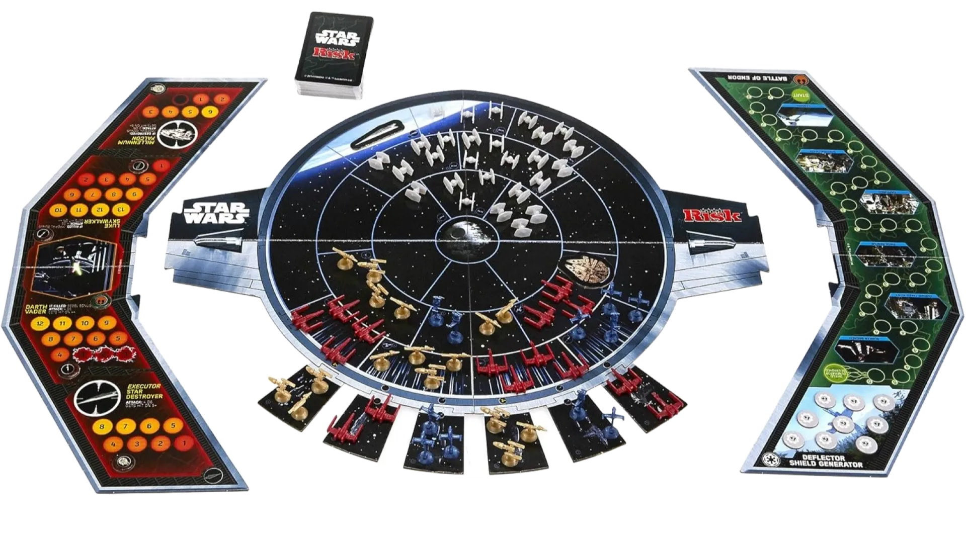 Cảnh game Risk Star Wars Edition đang diễn ra trên bàn chơi, tập trung vào Death Star II và Endor