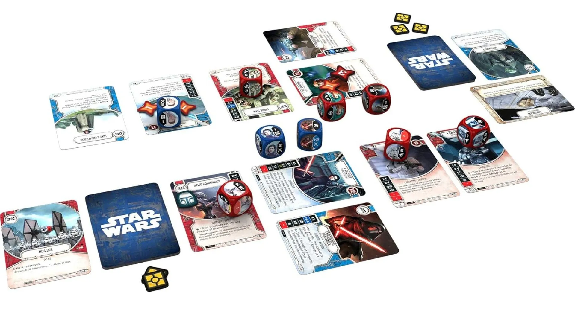 Cảnh game Star Wars Destiny đang diễn ra với các lá bài nhân vật Rey và Kylo Ren, cùng xúc xắc trên bàn