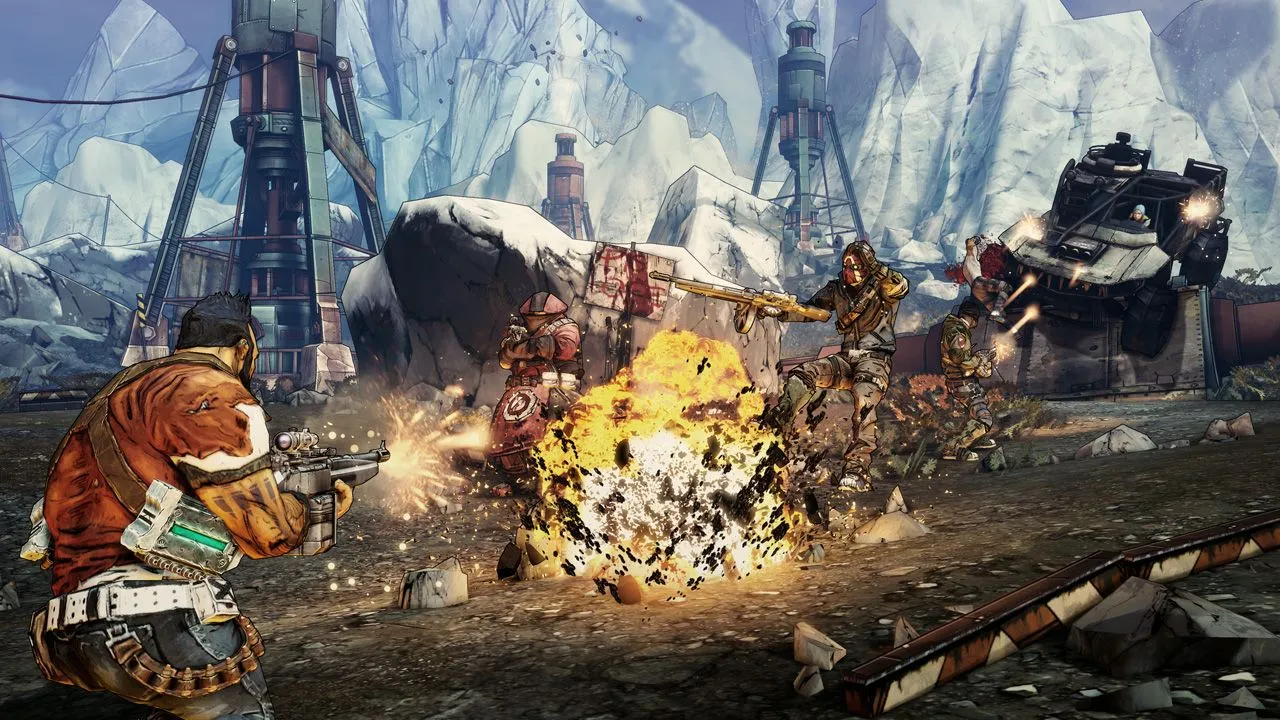 Cảnh gameplay đặc trưng của Borderlands 2 với đồ họa cel-shaded nổi bật