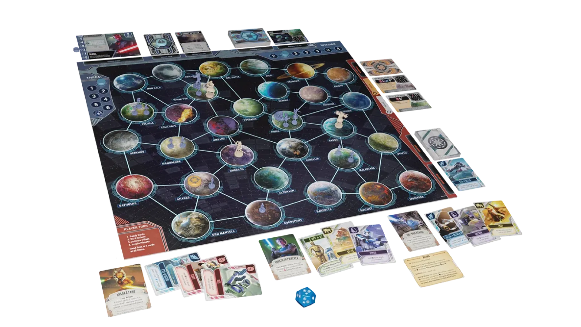 Cảnh một ván game Star Wars The Clone Wars Board Game đang diễn ra với các nhân vật Jedi và quân đội droid trên bản đồ thiên hà
