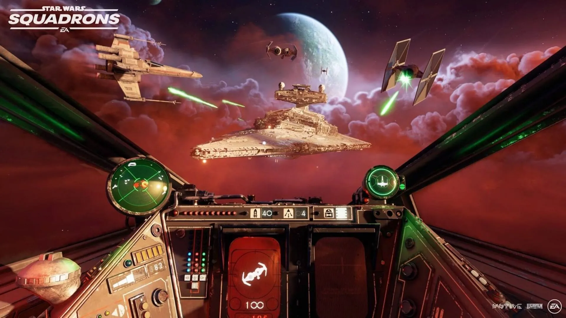 Cảnh nhìn từ buồng lái của một chiếc X-wing trong trận chiến với các TIE fighter và tàu khu trục Star Destroyer trong Star Wars Squadrons.