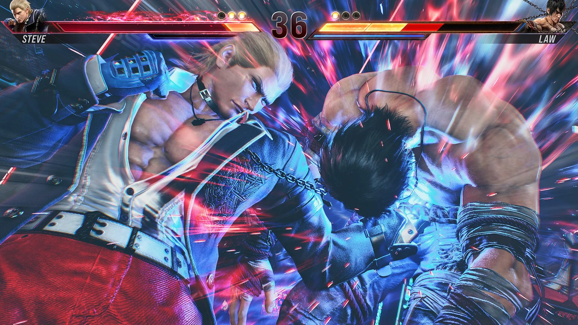 Cảnh Steve Fox tung cú đấm vào Marshall Law trong Tekken 8, minh họa hoạt ảnh và hit stop trong game đối kháng.