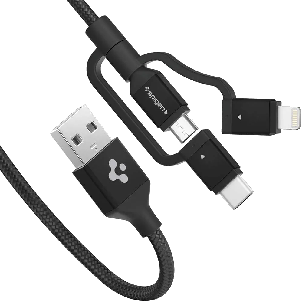 Cáp sạc Spigen DuraSync đa năng với các đầu nối USB-C, Lightning và Micro-USB