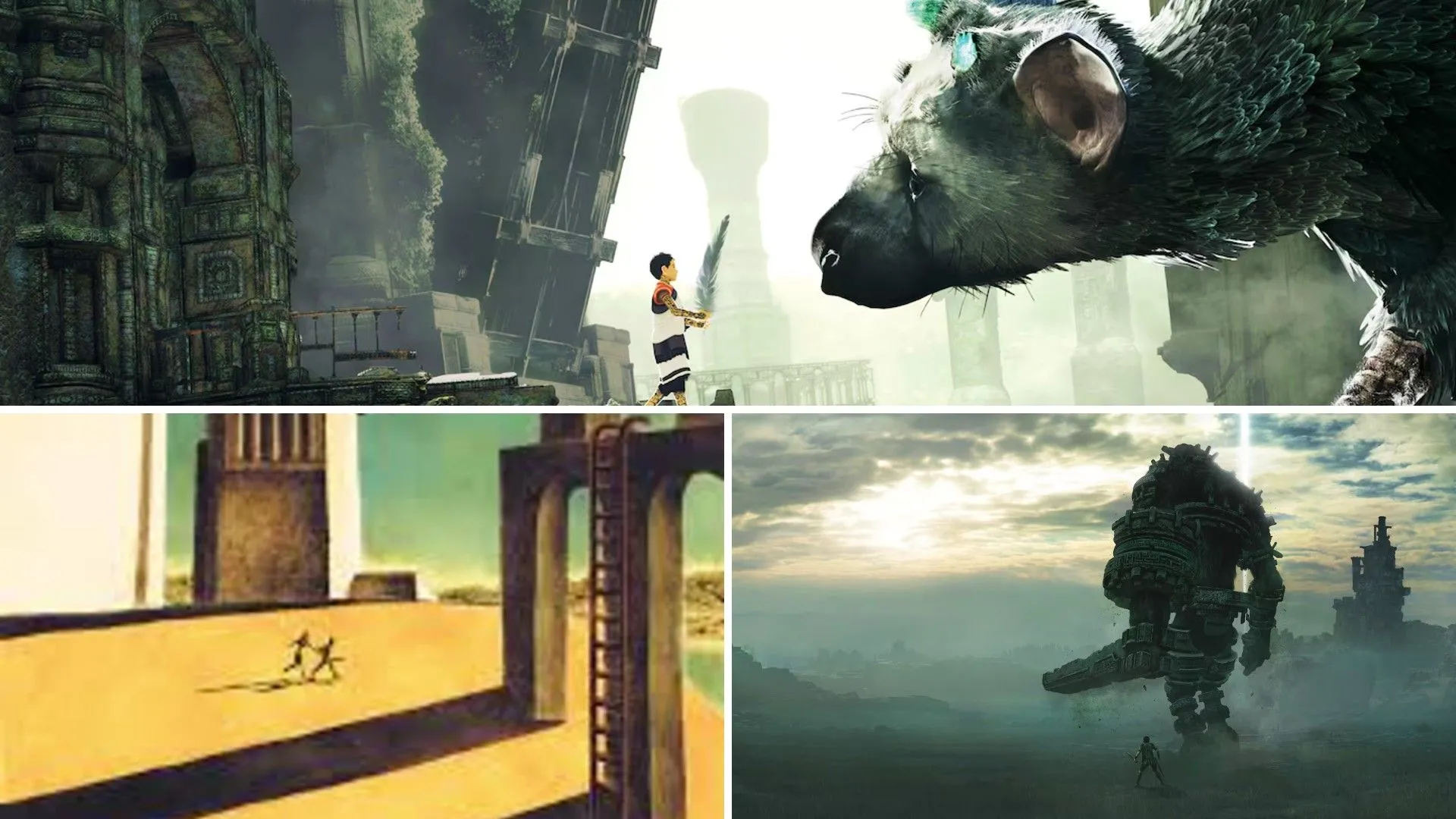 Cậu bé và sinh vật khổng lồ trong The Last Guardian, người chơi đối đầu Colossus trong Shadow of the Colossus và hai nhân vật trong ICO, thể hiện vũ trụ chung của Team Ico.